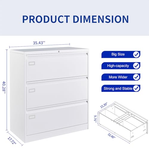 3 Drawer Lateral File Cabinet with Lock, Large Metal Vertical Filing Cabinet, Home Office Lockable Storage Cabinet for Hanging Files Letter/Legal/F4/A4 Size-Assembly Required (36"D x 18"W x 40"H)