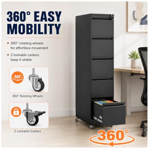 5 Drawer File Cabinet with Wheels ,Metal Mobile Filing Cabinet with Lock