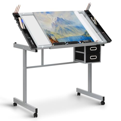 MIRAMINGLE Adjustable Tabletop Drafting Table, 0°-65° Angle Adjustments, Tempered Glass Top, Ideal for Artists & Designers, Alloy Steel Frame, 2 Drawers, Locking Wheels