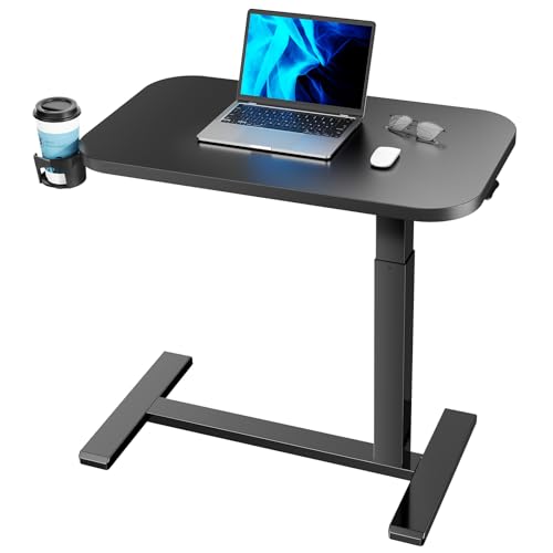 HUANUO 32Inch Bedside Table with Wheels, Height-Adjustable Rolling Computer Cart, Overbed Table with Cup Holder, Pneumatic Laptop Standing Desk for Home Office, Black