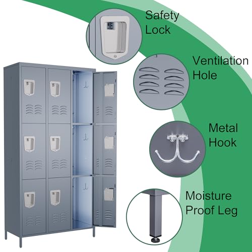 VIYET 9 Door Metal Lockers for Employees,9 Heavy-Duty Hooks,72" Secure Storage for Home,Offices,Schools & Gyms | Gray