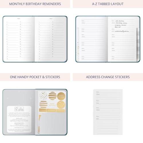 Busy B Address & Birthday Book - Teal Cover with Alphabetical Tabs, Address Change Stickers, Birthday Reminders, Handy Pockets & Elastic Closure Band