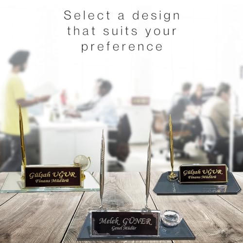 MOOGCO Custom Desk Name Plate: Black Glass Desk Name Plate with Clock, Pen Holder with 2 Pens, Cardholder - Desktop Nameplate, Desk Organizer (Blue Double With Clock)