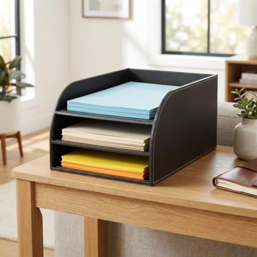 OSCO Brown Faux Leather Three Tier Letter Tray, A4 Desk File Organiser, Paper Storage, Office Document Sorter, Paperwork Filing, Desktop Storage, No Assembly, Home Office, H17.5 x W25 x D37.5 cm