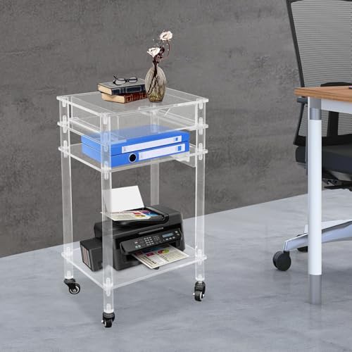 YUYFCC Rolling Acrylic Printer Stand Modern Clear Printer Cart with USB Ports Outlet Multifunctional Printer Table with Wheels and Drawer for Home Office Living Room Bedroom, Clear