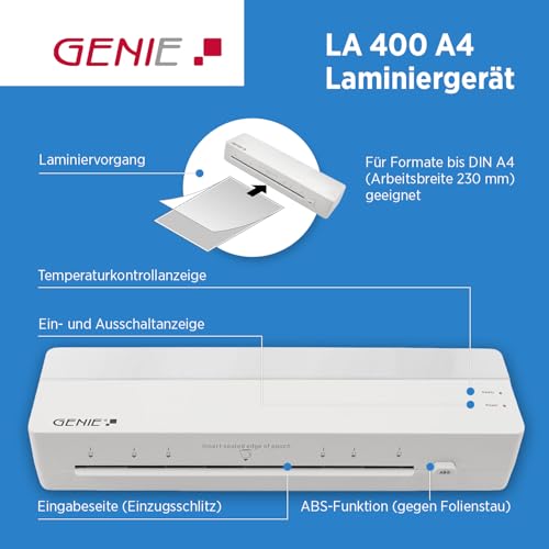 GENIE LA 400 A4 Laminator | Hot Laminator with 2 Heating Rolls | For School, Office & Home Office | Laminator A4 with Laminating Films | Laminating Machines