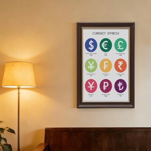 wangpaihui What Are The CURRENCY SYMBOLS Currency Chart Poster Educational Posters Money Poster Math Rules Classroom Decor Canvas for Classroom School Therapy Room Mokume Gane Frame20 L X 30" W