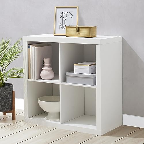 BGAERUSGF Textured White 4 Cube Storage Organizer, Freestanding Open Back Shelf, MDF Particle Board Modular Cubby Unit, 100 Lb Top Capacity for Living Room, Bedroom and Home Office