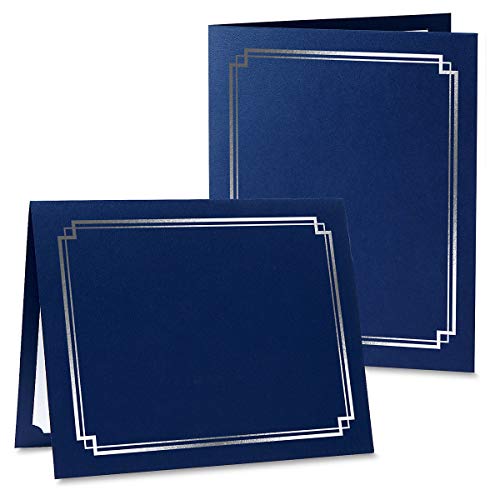 Classic Blue & Silver Certificate Folders - Pack of 25, Linen Cover 80 lb. Stock, Folded, Die-Cut Corners, for Office, Business Awards, Graduation, School Diploma Holder, 9-1/2 x 12 inches