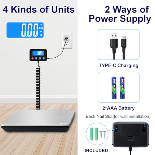 TIPRE Shipping Scale 440lbs for Packages, Heavy Duty Digital Postal Scale with LCD Display 0.35 oz High Precision Express Scale with Type-C Charging & Batteries Smart Hold/Tare for Small Business Home