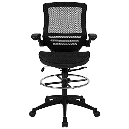 BizChair Mid-Back Transparent Black Mesh Drafting Chair with Black Frame and Flip-Up Arms
