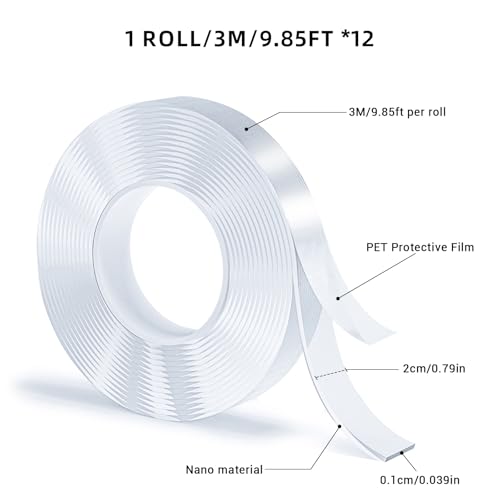 SUTOUG 12 Rolls Double Sided Tape, Nano Tape, Transparent Adhesive Tape, Traceless Adhesive Tape, Removable, Washable, Reusable, Suitable for Carpets, Photo Walls, 9.85 Feet Per Roll
