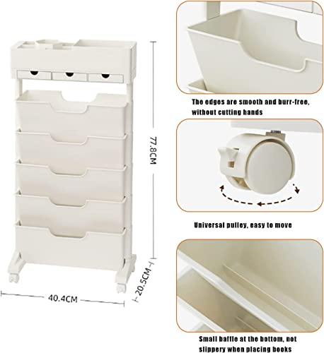 SXHEYUY 6 Tier Book Rack Storage Bookshelf, Movable Unique Bookcase, Book Shelf Tall Narrow with Colored Pencils for Bedroom Office Children Students in Bedroom Living Room,White,with Drawers