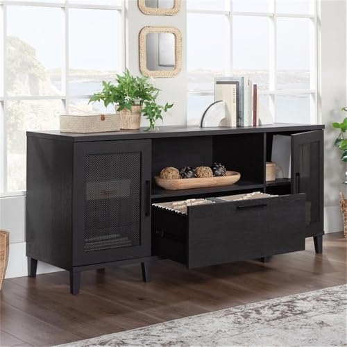 Pemberly Row Contemporary Engineered Wood Large Credenza, Raven Oak Finish, 29.76" H x 65.98" W x 20" D, File Drawer, Adjustable Shelves, Rattan Doors, Open Shelf, Cord Management, Home Office