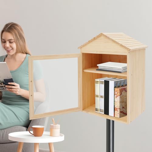 Little Library Book Box Outdoor, 2-Tier Book Storage Cabinet, Small Literature Box, Little Wood Cabinet for Sharing Books, Art Literature and Newspapers with Neighborhoods, Community and Schools