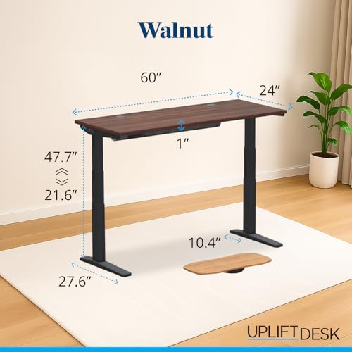 UPLIFT DESK V3 2-Leg Walnut Laminate Wood Standing Desk – Adjustable Height, Advanced 1-Touch Memory Keypad, Under Desk Cable Management, Wire Grommets & Rocker Board (Black C-Frame, 60 x 30 inch)
