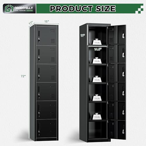 Greenvelly Metal Locker, 6-Tier Metal Lockers for Employees with Locking Doors, Lockable Steel Locker Storage for Office, School, Gym, Home (Black)