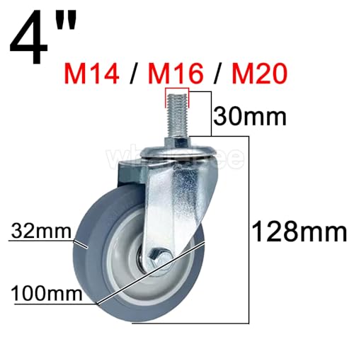 Threaded Stem Caster M14 M16 M20×30 Swivel Caster Wheels Heavy Duty 3-Inch 4-Inch 5-Inch Dual Locking No Noise TPR Rubber Castors Set of 4 for Trolley Serving Cart