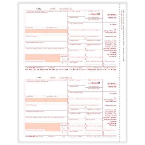 ComplyRight 1099-INT 4-Part, 2-Up Tax Form Set with Self-Seal Envelopes, Set for 50 Employees, Tax Filing Supplies