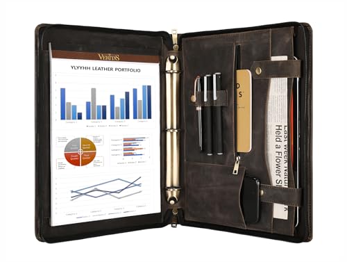 Portfolio Binder 3 Ring, Leather Binder Portfolio Folder for Left-Handed, Zippered Portfolio Padfolio Binder for Women, Leather Portfolio Organizer for Men (Grey, Non-Custom)