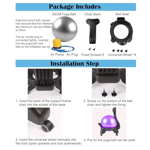RENLXFI Blue Yoga Ball Chair with Stability Base, Adults Sitting Position Core Strengthening Office Chairs for Exercise Physiotherapy, Gym Training Fitness Balance Ball Chair
