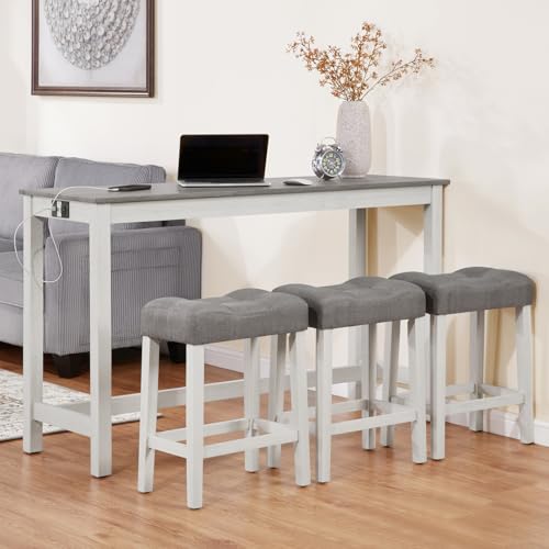 Ball & Cast 4 Piece Dining Table and Chairs Set with Charging Station, Farmhouse Wooden Kitchen Island-Table w/USB&Typc C&Power Outlet, 59" Behind Sofa-Table w/3pcs Upholstered Stools,White&Grey