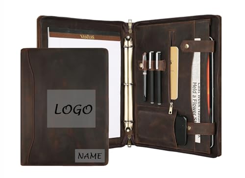 Portfolio Binder 3 Ring, Leather Binder Portfolio Folder for Left-Handed, Zippered Portfolio Padfolio Binder for Women, Leather Portfolio Organizer for Men (Dark Khaki, Custom)