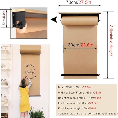 LNNW Kraft Paper Dispenser Kraft Paper Roll Dispenser Wall Mount, 16 28 39 Inch Home Kids Graffiti Wallpaper/Notepad with Wood Shelf Decorative Message Boards for Wall(70cm/27.5in Wide)