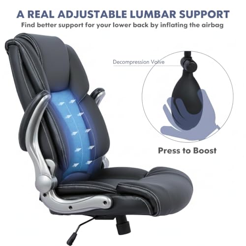 COLAMY Ergonomic Executive Office Chair with Lumbar Support, Flip-Up Arms, Bonded Leather High Back Desk Chair for Home Office & Workstation, Computer Chair for Adults Men Women, Black