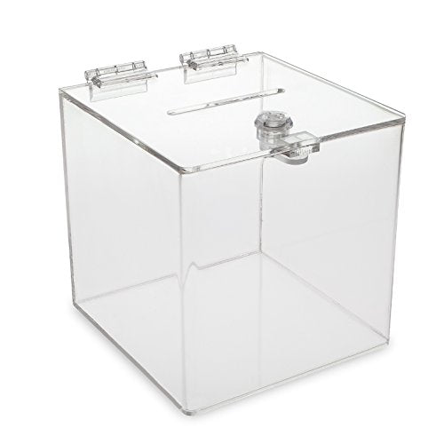 Source One Clear Cube Donation Box with Cam Lock Suggestion Registration Raffle Bin (Large 10 Inch)