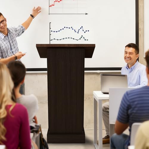 44" Tall Wood Podium Stand, Wooden Lectern with Mic Stand Space, 1 Sliding Shelf with Cup Holder and 1 Fixed Shelf, for Classroom Churches, Seminars and Schools-Easy Assembly, Rustic Brown