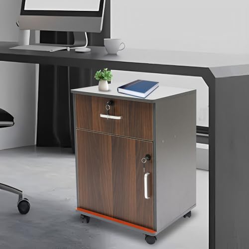 haedspup 2 Drawer File Cabinet with 24'' Extended Desktop, Mobile Filing Cabinet, Rolling File Cabinet with Side Bag, Fabric Drawer, Fits A4/Letter Size, Printer Stand Home Office, Light Brown