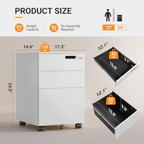 DEVAISE 3 Drawer File Cabinet with Combination Lock, Fully Assembled