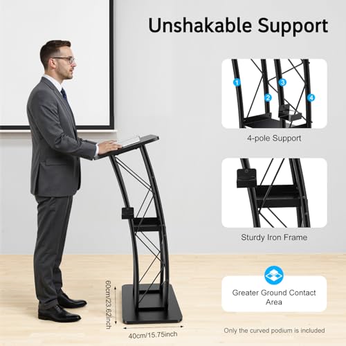Curved Podium Stand, 47 Inch Tall Metal Lectern, Black Portable Pulpit with Book Stopper & Cup Holder for School, Conference, Stage, and Classroom Settings
