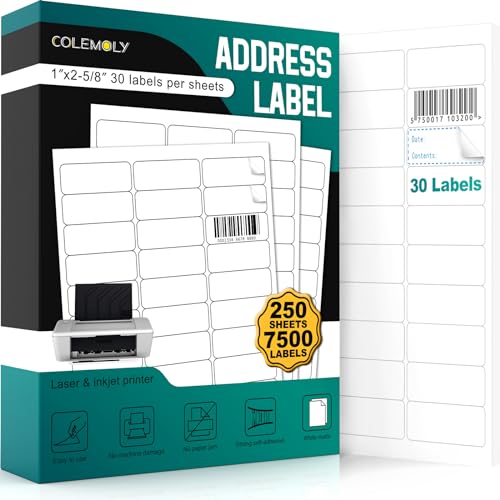 Address Labels 1" x 2-5/8" Matte Sticker Paper, 30 Up 250 Sheets (7500 Labels), Printable Shipping Mailing Labels for Inkjet & Laser Printer, White Blank Label Sheets for Small Business & Office