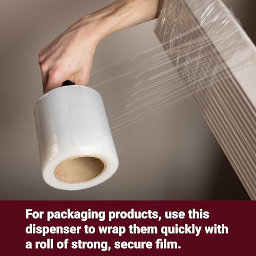 IDL Packaging Stretch Wrap Dispenser for Mini & Bundling Film Rolls, 3” Core – Handheld Shrink Wrap Handle with Adjustable Tension, Heavy-Duty Plastic Film Dispenser with Rubber Grip