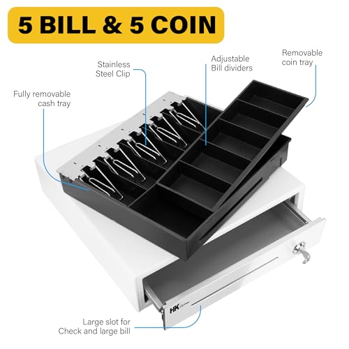 HK SYSTEMS 16inch "Stainless Steel" Front White Heavy Duty POS Interface Cash Drawer with 5Bill/5Coin