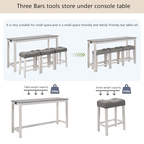 Ball & Cast 4 Piece Dining Table and Chairs Set with Charging Station, Farmhouse Wooden Kitchen Island-Table w/USB&Typc C&Power Outlet, 59" Behind Sofa-Table w/3pcs Upholstered Stools,White&Grey