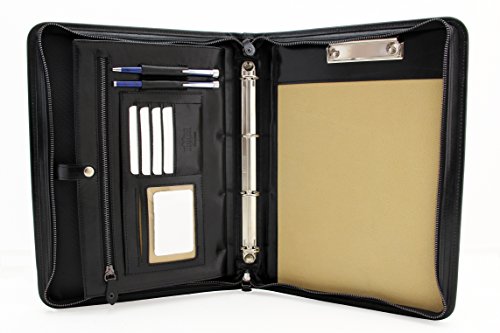 Noda Italian Genuine Leather Zipped Business Conference A4 Folder Ring Binder (Black)