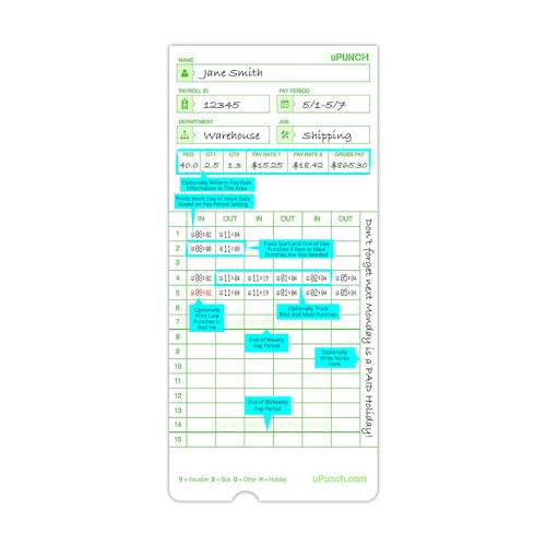 uPunch 300 Time Cards for Green HN3000 AutoAlign Time Clocks (HNTCG1300)