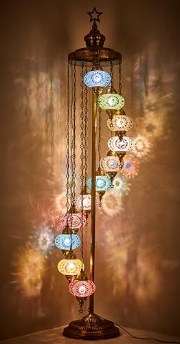 DEMMEX 11 Globe Turkish Moroccan Mosaic Floor Lamp, 7ft Tall - Tiffany Style Standing Decorative Boho Lamp with Colorful Globes for Bedroom, Living Room, Entryway – Handmade in Turkey, Multicolor