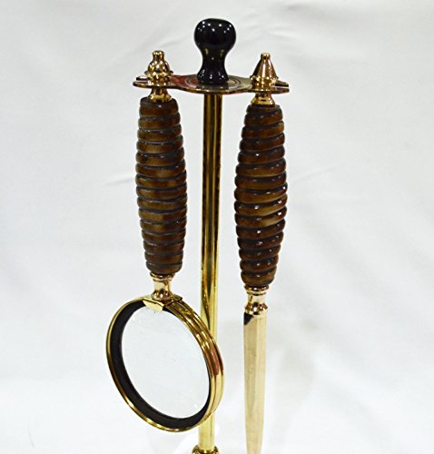 Decorative Brass Magnifying Glass & Letter Opener on Stand Desk Top - Set of 2