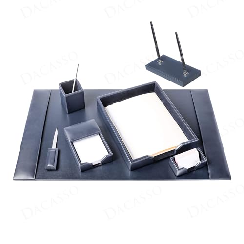 Dacasso Navy Blue Bonded Leather Luxury 7-Piece Desk Set - Blotter Pad & Desk Organization Essentials - Executive Decor and Surface Protector