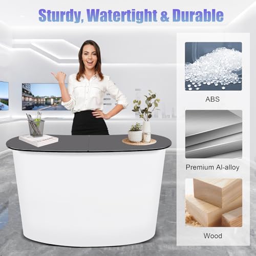 51" Portable Pop Up Table Podium Counter, Trade Show Display Counter Stand, Foldable Reception Desk with Aluminum Frame, Wood Top, PVC Panels, for Hotels, Shops, Malls, Exhibitions, Product Demos