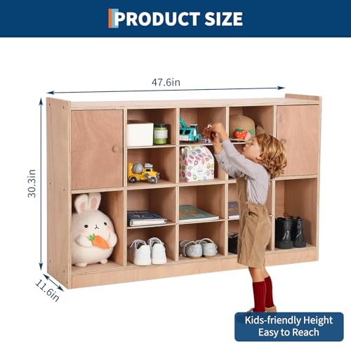 Mobile Cubby Storage with 2 Doors, Storage Organizer Cubes with 2 Anti-Flip Fittings&4 Castors, Cubby Shelf for Home, School, Kindergarten, Classroom Furniture, Stationary Organizer, Natural Finish