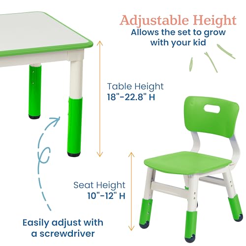 ECR4Kids Dry-Erase Square Activity Table with 2 Chairs, Adjustable, Kids Furniture, Grassy Green, 3-Piece