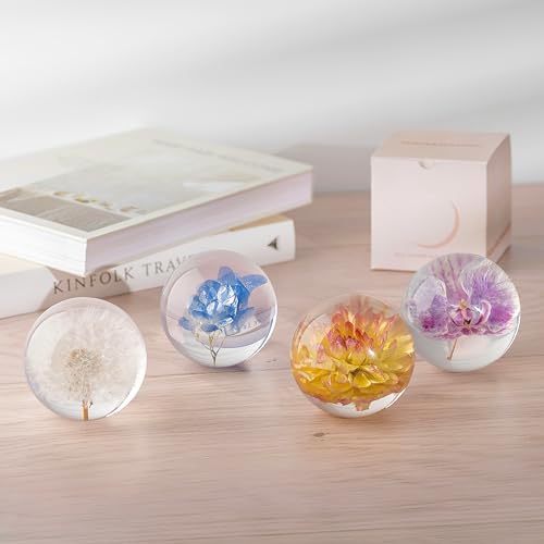 NouvoCrescent Real Dandelion Paperweight - Home Decor Crystal Resin Ball 3.14in (80mm), Clear Resin Dandelion Flower Globe for Special Days, Sphere Figurine Office Paperweight w/Flat Bottom