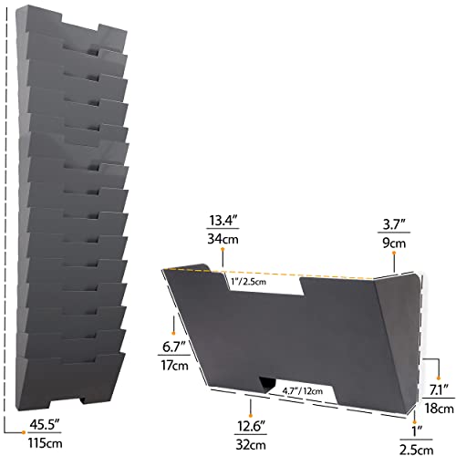 Wallniture Lisbon 15-Tier Wall Mounted File Holder and Desk Organizer, Metal Gray Office Organization and Storage Rack