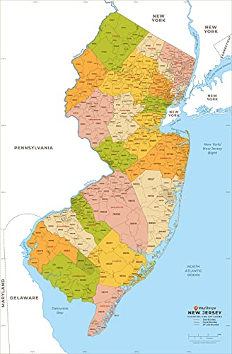 New Jersey ZIP Code Map with Counties - Standard - 36" x 55" Laminated