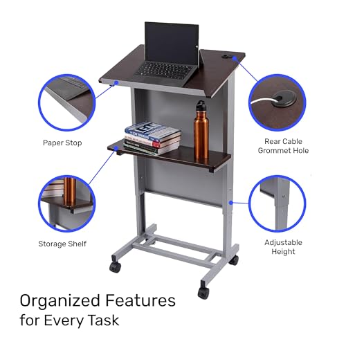 Stand Up Adjustable Height Lectern Podium | Rolling Desk with Storage Shelf | Ergonomic Standing Desk Frame for Office, Classroom, Laptop, Teaching, Presentations & More (Dark Walnut)